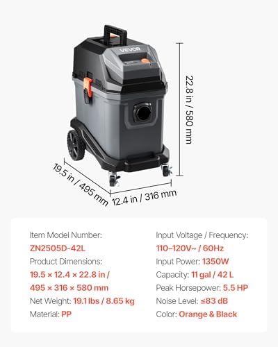 VEVOR Commercial Shop Vac, 11 Gallon Wet Dry Shop Vacuum, 5.5 Peak HP Portable with One-Button Self-Cleaning, 1350W Input, 1.25in x 7ft Hose, 20ft Cord, Industrial-Grade for Jobsite, Workshop - Image 7