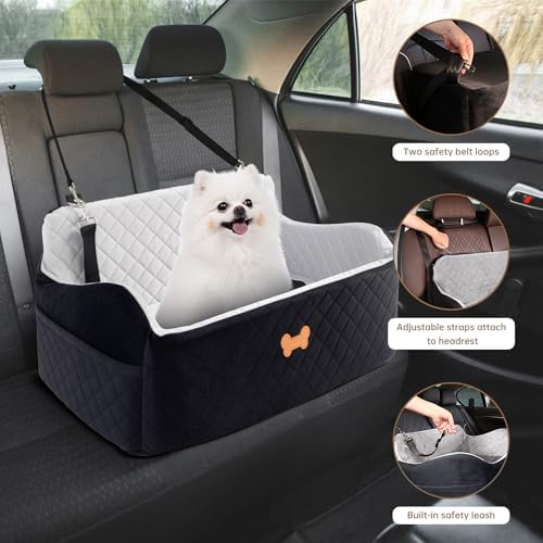 Car Seat for Large Size Dog, Booster Seat for Dogs Under 55 lbs or 2 Small Dogs, Soft Car Dog Bed Filling in Thick Memory Foam with 2 Safety Leashes and Storage Pocket (Grey/Black) - Image 7