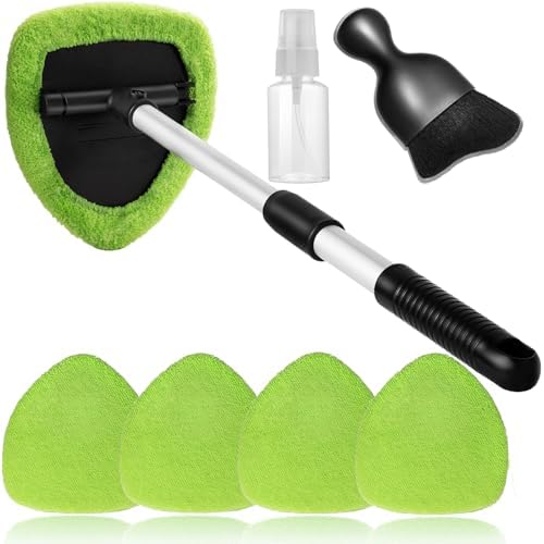 Qydipclin 7pcs Windshield Cleaner Tool Car Window Cleaning Wash Kit with 4 Reusable Microfiber Pads 1 Spray Bottle and Extendable Handle Auto Glass Wiper Kit, Green - Image 7