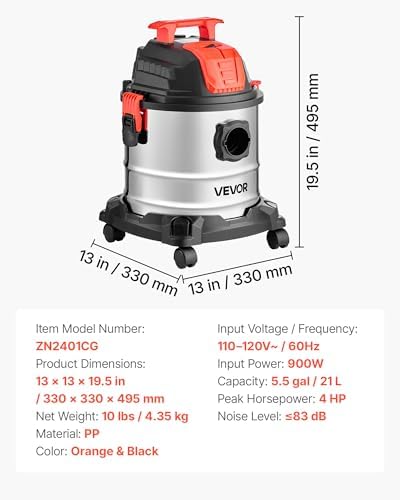 VEVOR Shop Vac, 5.8 Gallon Wet Dry Shop Vacuum, 4 Peak HP with One-Button Self-Cleaning, Dual-Filter, 900W Input Power, 1.25in x 7ft Hose, 9.8ft Cord, Metal Tank for Jobsite, Workshop, Garage, Home - Image 7