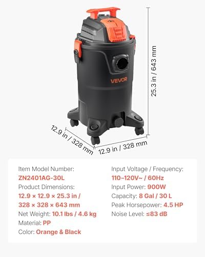 VEVOR Shop Vac, 8 Gallon Wet Dry Shop Vacuum, 4.5 Peak HP Portable with One-Button Self-Cleaning, Dual-Filter, 900W Input Power, 1.25in x 7ft Hose, 9.8ft Cord for Jobsite, Workshop, Garage, Home - Image 7