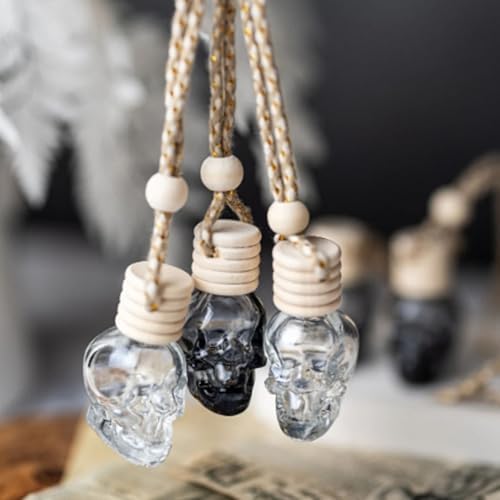 7 Pcs 8ml Hanging Car Air Freshener Diffuser,Empty Black Gradient Glass Essential Diffuser Oil Aromatherapy Fragrance Perfume Pendant Glass Vials with Wooden Caps (Skull, 8ml) - Image 7