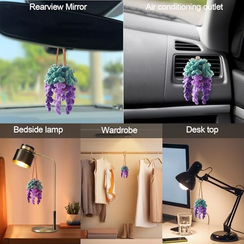 Crochet Car Air Freshener, Empty Refillable Oil Diffuser Bottle with Hanging Crochet Plant for Car Rearview Mirror Decor, Handmade Home and Office Decor (Wisteria) - Image 7