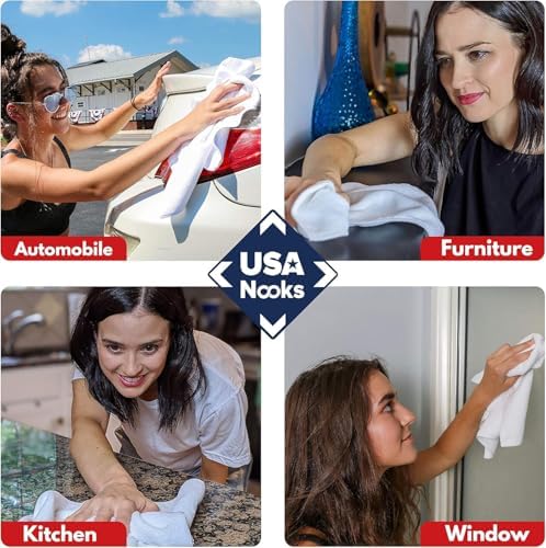 USANOOKS Microfiber Cleaning Cloth - White - 24Pcs (12.5x12.5 inch) High Performance - 1200 Washes, Ultra Absorbent Car Towel Traps Grime & Liquid for Streak-Free Mirror Shine - Car Washing Cloth - Image 6