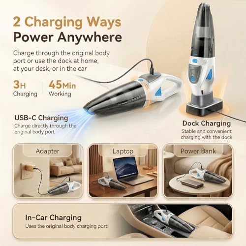 Handheld Vacuum Cordless, 25000Pa Powerful Suction Car Vacuum Portable Cordless with 8000mAh Battery & LED Light, Hand Held Vacuum Rechargeable with HEPA Filters, Home, Car Seats, Pet Hair White - Image 6