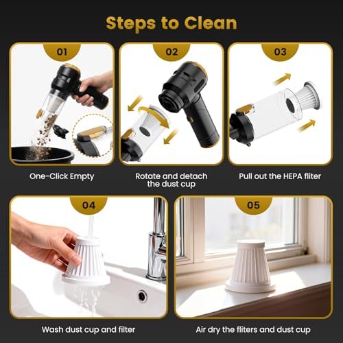 Wansimoo Handheld Car Vacuum Cleaner,25000PA Strong Cyclonic Suction Foldable Mini Vacuum Portable Cordless with Digital Display and One Touch Dust Removal for Car, Home, Office, Kitchen (Gold) - Image 6