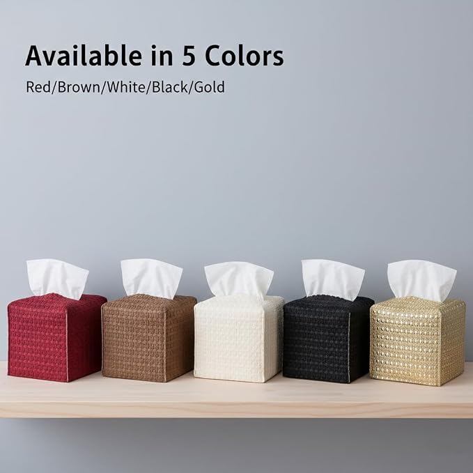 Tissue Box Cover 2-Pack, Square Tissue Holder with Bottom Belt, Modern Tissue Case Facial Paper Organizer Dispenser for Bathroom, Office, Home, Table, Car, Woven Pattern Black - Image 6