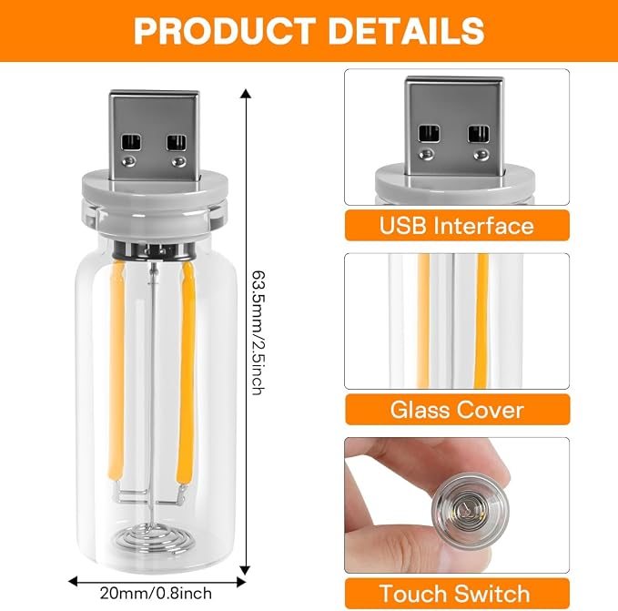 2 PCS Car USB Night Light Bulb, Touch Dimmable Car Interior Ambient Lights, Mini Retro Glass Bottle LED Lamp, Plug-in USB Mood Light for Vehicle, Bedroom, Camping(Red) - Image 7