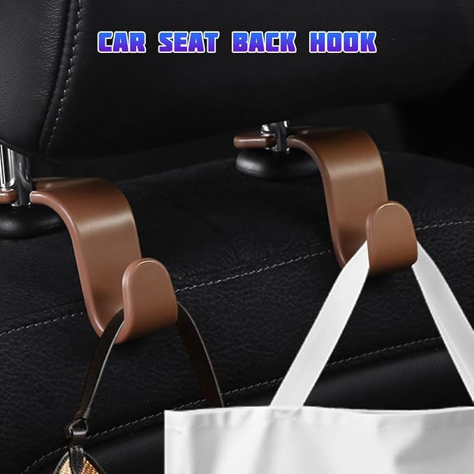 4 Pack 4.13 Inch Car Seat Headrest Hooks, Brown | plastic body, supports up to 55 lb, tool-free post fit, rotates beneath headrest when idle, interior storage accessory - Image 6