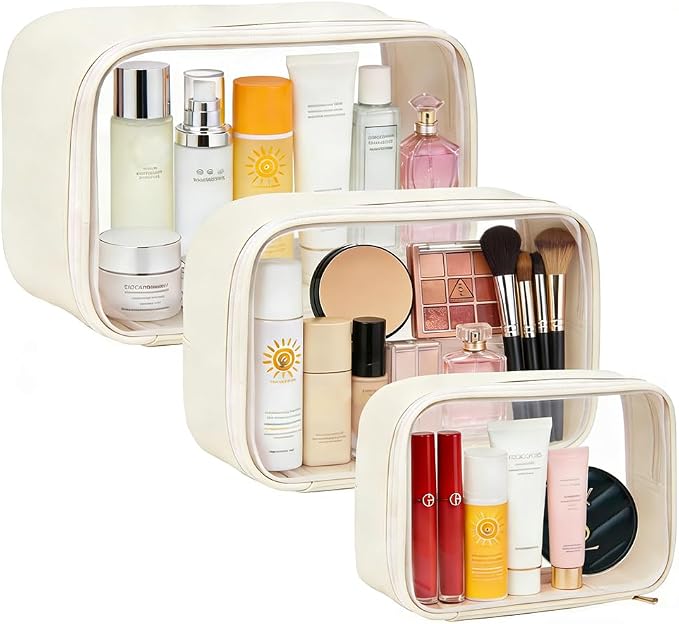 Travel Clear Makeup Bag Set for Women, 3 Pack Travel Size Toiletry Bag with Zipper Small Makeup Pouch for Purse Waterproof Portable Cosmetic Case Compact Car Organizer Storage Bag (Beige Set) - Image 9