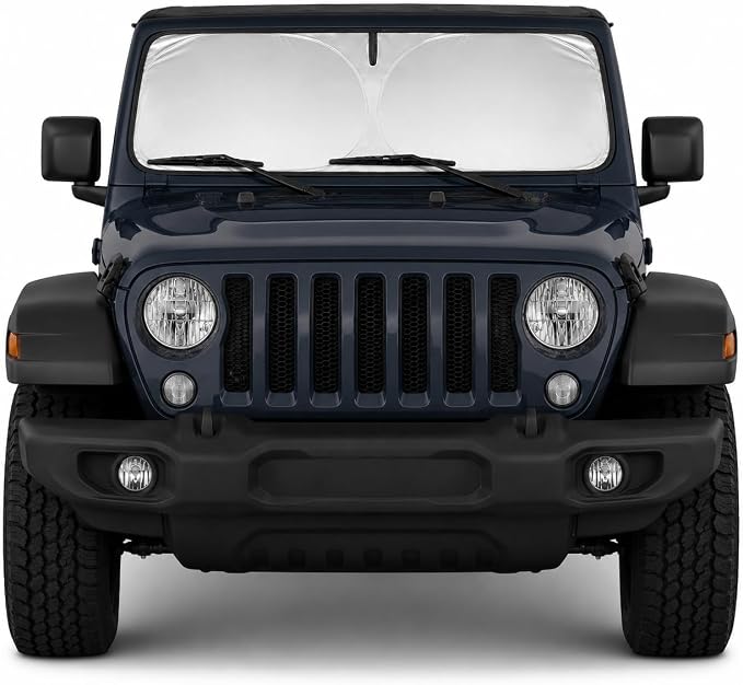 Windshield Sun Shade for Jeep Wrangler 1997-2017 – Custom Fit Sun Shield with Mirror Cut-Out, Blocks Heat & UV, Foldable with Storage Pouch - Jeep Wrangler Windshield Sunshade by Autopect