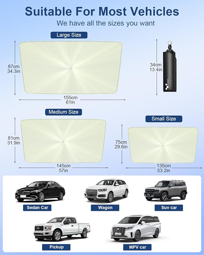 helloleiboo Car Windshield Sun Shade Umbrella 57" x 32", Windshield Sun Shade Foldable with 5-Layer Thickened Vinyl Coating Reflective Heat & UV Protection Fits Most Sedans & Compact SUVs - Image 6