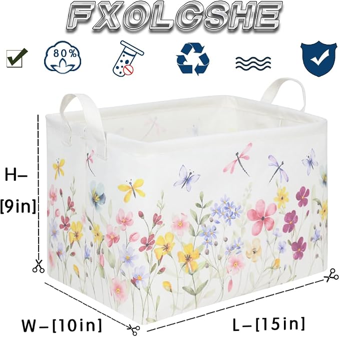 Boho Flower Nursery Basket,Waterproof collapsible storage box,Fall Wildflower Floral Dandelion Storage Bin,Plant Butterfly baby girl gift basket,Girls Bedroom Boho Flower Decor(Dandelion) - Image 7