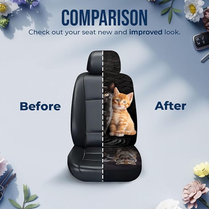 GENANY Cute Cats Car Seat Covers, 2-Piece Front Seat Set | 2-piece polyester front seat cover set, each 35 x 21 x 21 inches, with adjustable straps and hooks - Image 7
