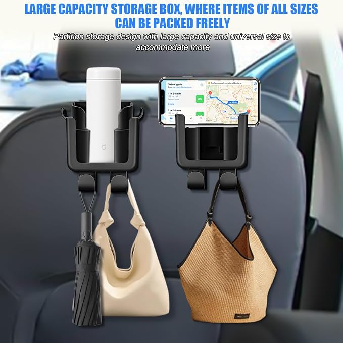 Car Headrest Cup Holder for Back Seat, 2PCS 3 in1 Multifunctional Vehicle Backseat Phone Organizer, Large Capacity Auto Handbag Storage Hook Hanger, Universal for SUV RV Truck - Image 6