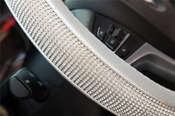 New Diamond Leather Steering Wheel Cover with Bling Crystal Rhinestones | Universal Fit 15 Inch Car Wheel Protector for Women Girls Silver - Image 7