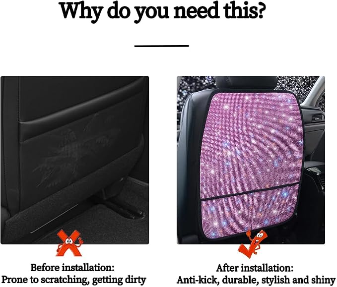 Bling Kick Mats for Car Seats with Pockets – Crystal Diamond Protectors for Girls & Women, Easy-to-Install Backseat Kick Mats with Storage & Sparkling Rhinestones Pink 2pcs - Image 6