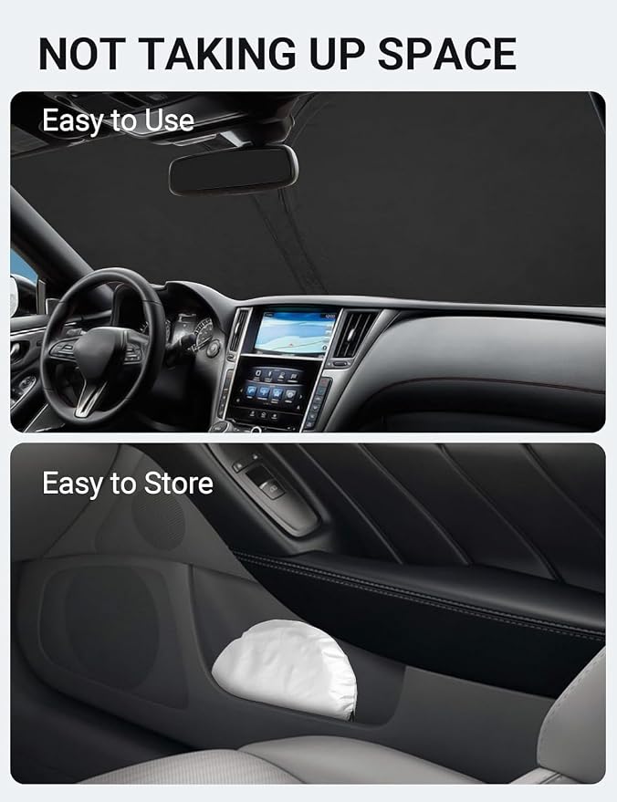Proadsy Custom Fit 2014-2024 Infiniti Q50 Windshield Sun Shade, Blocks Heat | 240T Heat Shield, Drops Temp 54°F, Blocks 99% UV, Prevents Dashboard Cracking, Summer Parking & Beach Trips, Easy Twist-Fold - Image 9