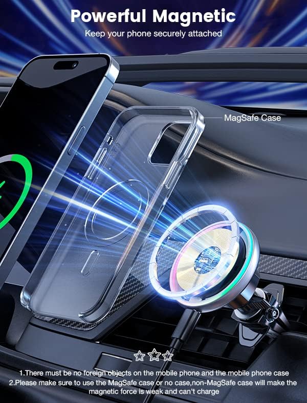 for Magsafe Car Mount Charger 15W LED RGB Car Phone Holder for Dash Vent | HandsFree Magnetic Wireless Car Charger Car Mount Fast Car Charger for iPhone 17 16 15/14/13/12 Series Graphite Black - Image 6