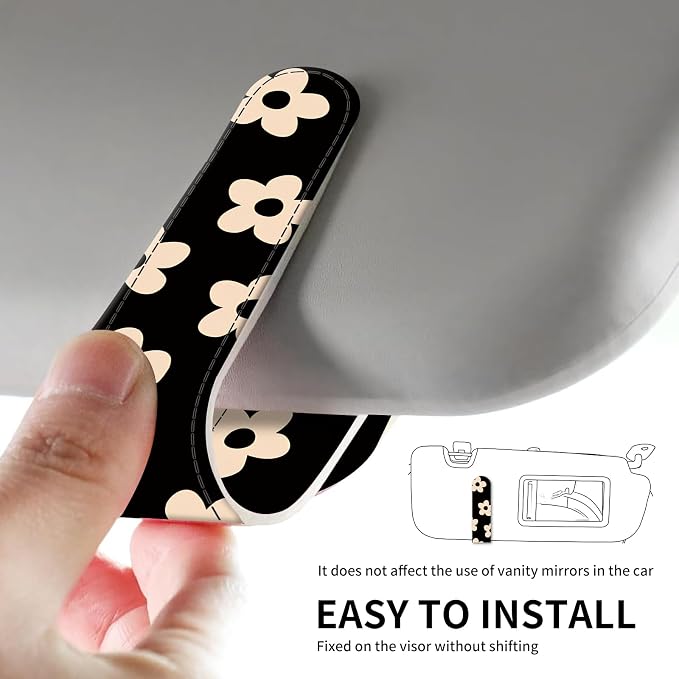 Leather Magnetic Sunglass Holder for Car Sun Visor, Cute Eyeglass Ticket Card Hanger Clip, Universal Auto Interior Accessories for SUV Pickup Truck, Black Daisy - Image 5