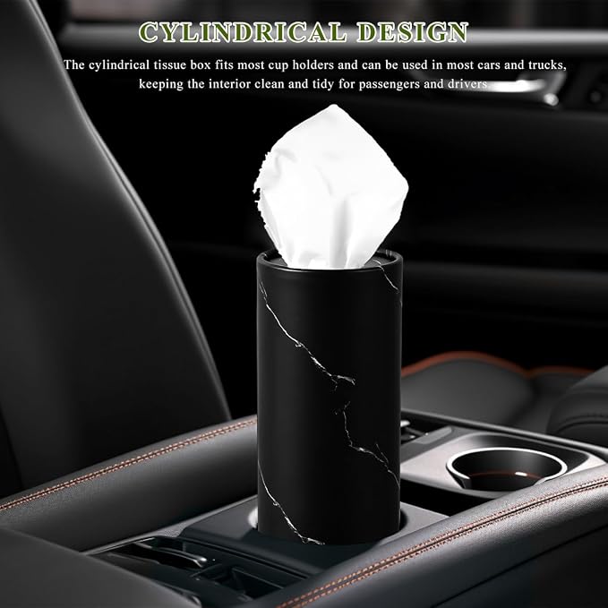 4 PCS Car Tissue Holder, Refillable Auto Cup Holder Round Napkin Container with Facial Tissues, Portable Tissue Box Paper Towel Cylinder for Most Vehicles, Car Accessories (Marble Black) - Image 6