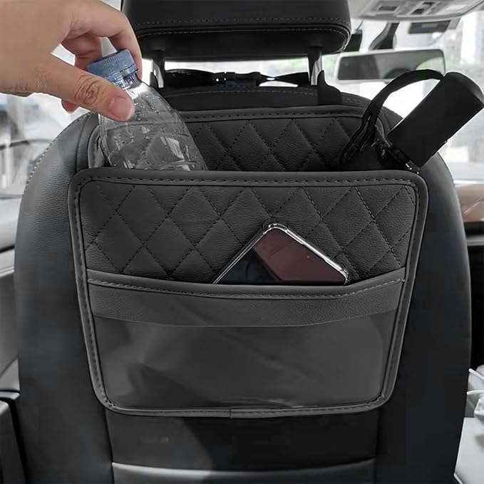 Mandark PU Leather Car Seat Back Organizer, Black | Three-pocket layout with clear panel, elastic strap installation, fits most cars, SUVs, and trucks, car interior accessories - Image 6