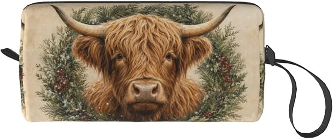 Highland Cow Evergreen Wreath Makeup Bag for Women, Cosmetic Pouch | Double-Sided Highland Cow Wreath Cosmetic Organizer with Foam Padding for Women, Travel, Gym, School, and Daily Storage - Image 8