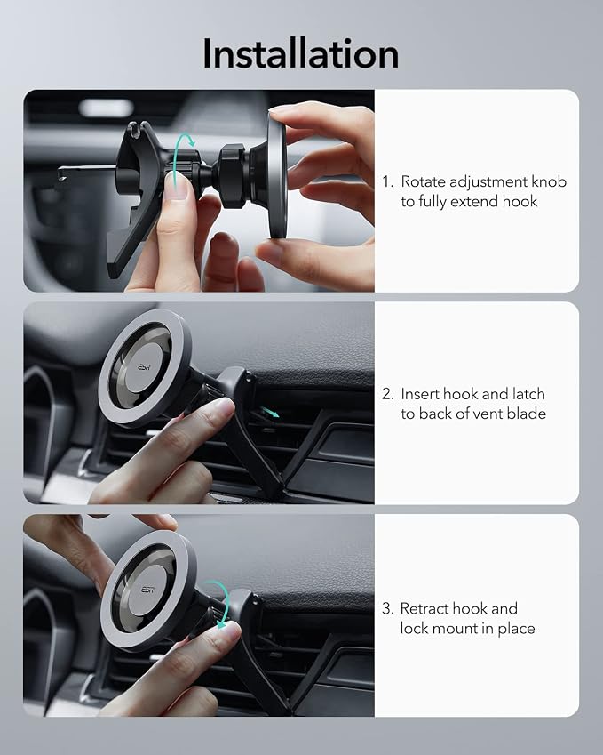 ESR for MagSafe Car Mount, Car Phone Holder for iPhone 17-12,Samsung/Google | Magnetic Phone Holder for Air Vent/Dashboard, for All Smartphones(2 Metal Rings Included), Charging Not Supported, Black - Image 10