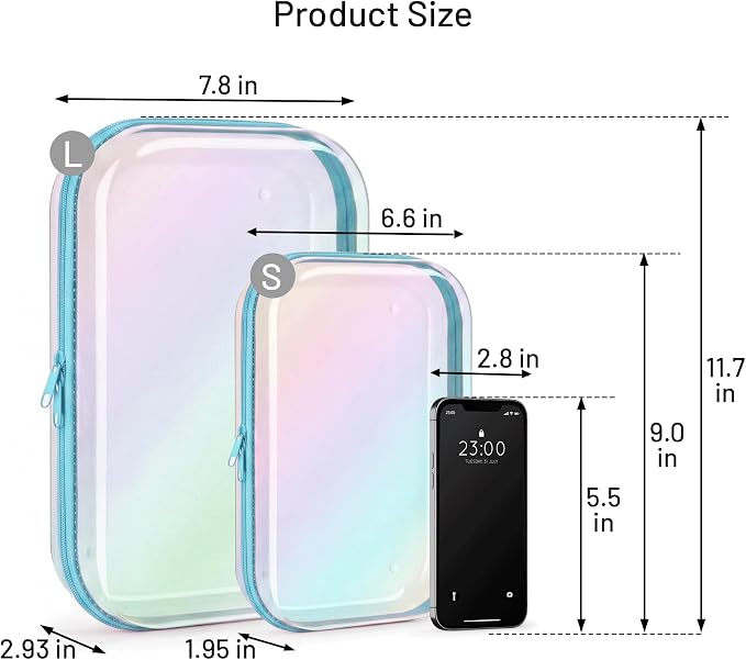 Clear Hard Shell Organizer Cases, 2 Pack | Iridescent PET shell with water-resistant, scratch-resistant surface for travel, toiletries, electronics and daily essentials - Image 9