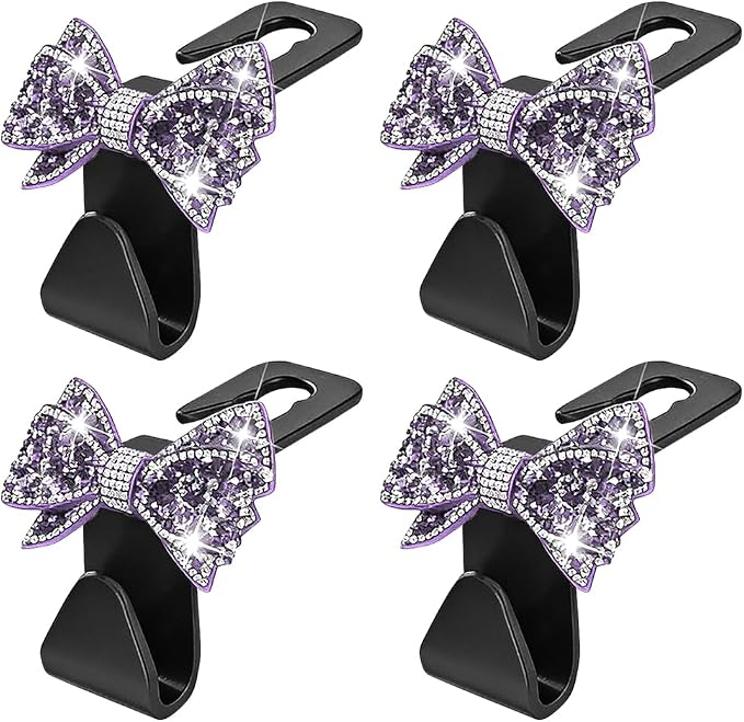 Zpana Bling Car Headreat Hook, 2PCS Crystal Rhinestone Cute Bow Vehicle Seat Back Hanger Storage for Purses Bags Grocery, Diamond Auto Rear Seat Organizer, Universal for SUV Truck Sedan (Purple) - Image 7
