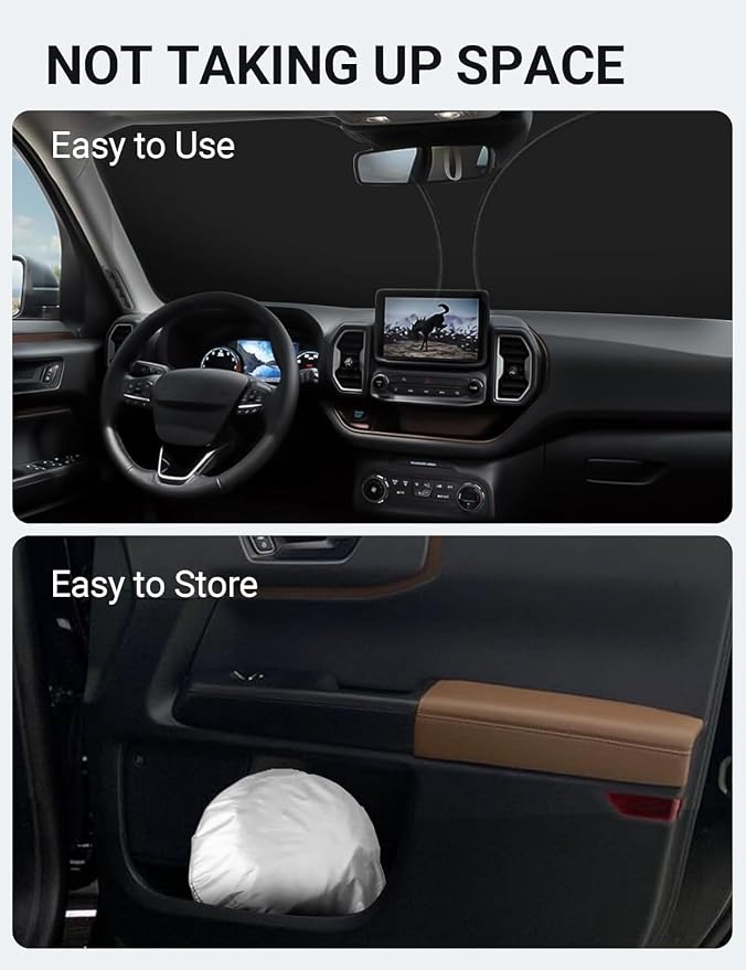 Proadsy Custom Fit Car Windshield Sun Shade for 2021-2026 Ford Bronco Sport | 240T Heat Shield, Drops Temp 54°F, Blocks 99% UV, Prevents Dashboard Cracking, Summer Parking & Beach Trips, Easy Twist-Fold - Image 9