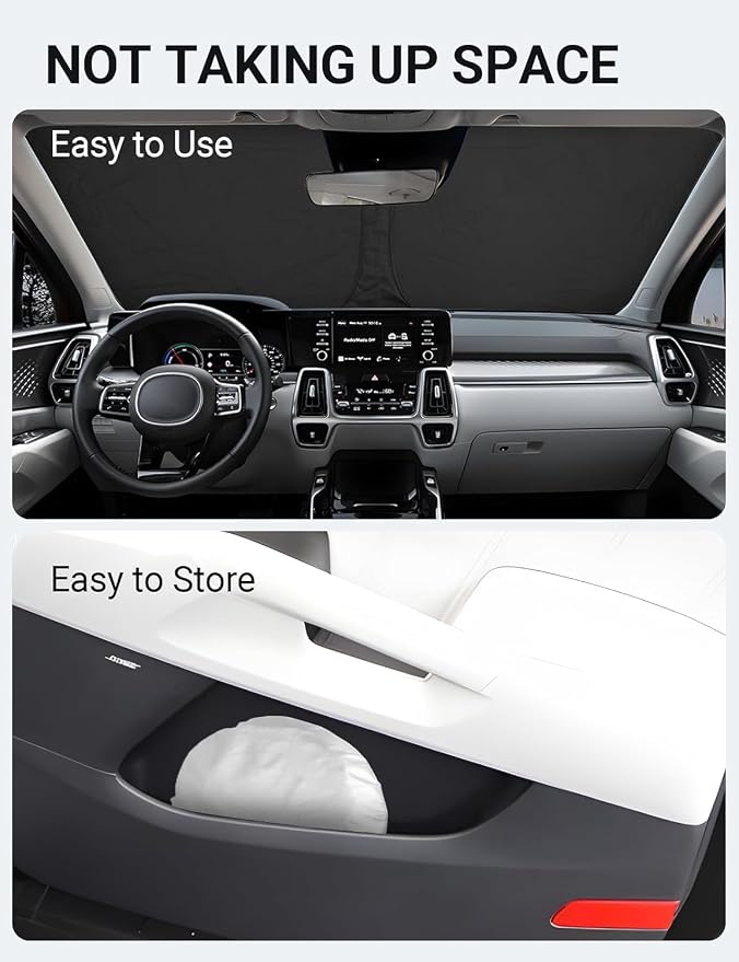 Proadsy Custom Fit 2021-2026 Kia Sorento Windshield Sun Shade, Blocks Heat | 240T Heat Shield, Drops Temp 54°F, Blocks 99% UV, Prevents Dashboard Cracking, Summer Parking & Beach Trips, Easy Twist-Fold - Image 9