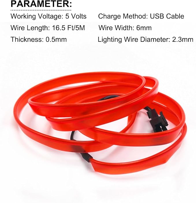 EL Wire Interior Car LED Lights, 16.5FT USB Ambient Lighting Strip, Red | Neon Glowing Strobing Electroluminescent Wire, 6mm Sewing Edge, Inside Car Lighting Accessories - Image 6