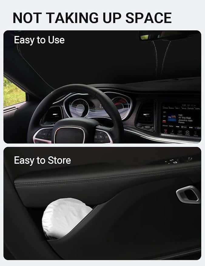 Proadsy Custom Fit Car Windshield Sun Shade for 2015-2023 Dodge Challenger | 240T Heat Shield, Drops Temp 54°F, Blocks 99% UV, Prevents Dashboard Cracking, Summer Parking & Beach Trips, Easy Twist-Fold - Image 9