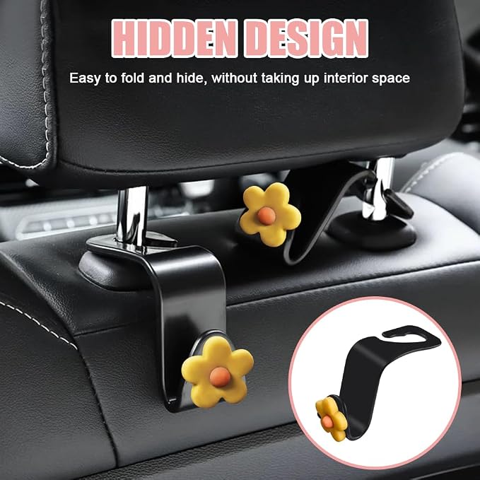 8PCS Car Headrest Hooks, Cute Flower Vehicle Seat Organizer Hooks for Purses and Bags, Portable Automotive Purse Hanger Holder Decoration, Universal Car Accessories for SUV, Sedan, Truck (Dark yellow) - Image 7
