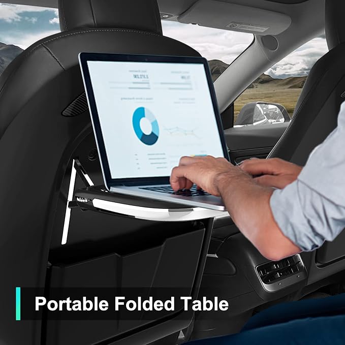 Back Seat Tray Table for Tesla Model 3/Y/S/X, Laptop Food Tray for Tesla | PVC Leather Cover, Adjustable Tray Angles, Backseat Table with Cup Holder & Storage Bin for Laptop, Food Eating and Books - Image 8