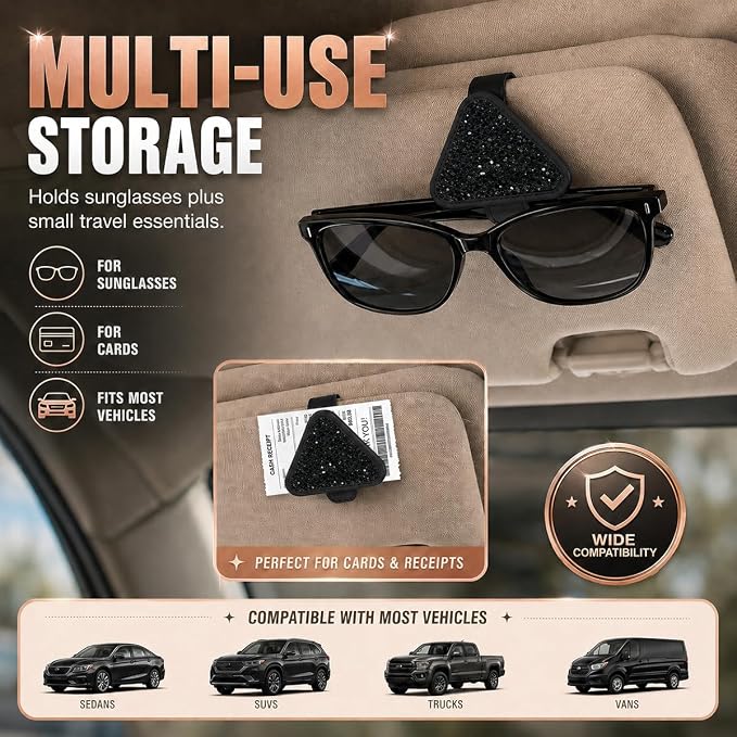 2PCS Magnetic Sunglass Holder for Car Visor, PU Leather Automotive Sun Visor Eyeglasses Hanger Clip, Vehicle Interior Ticket Card Organizer Mount Accessories for SUV Pickup Truck(Black) - Image 6
