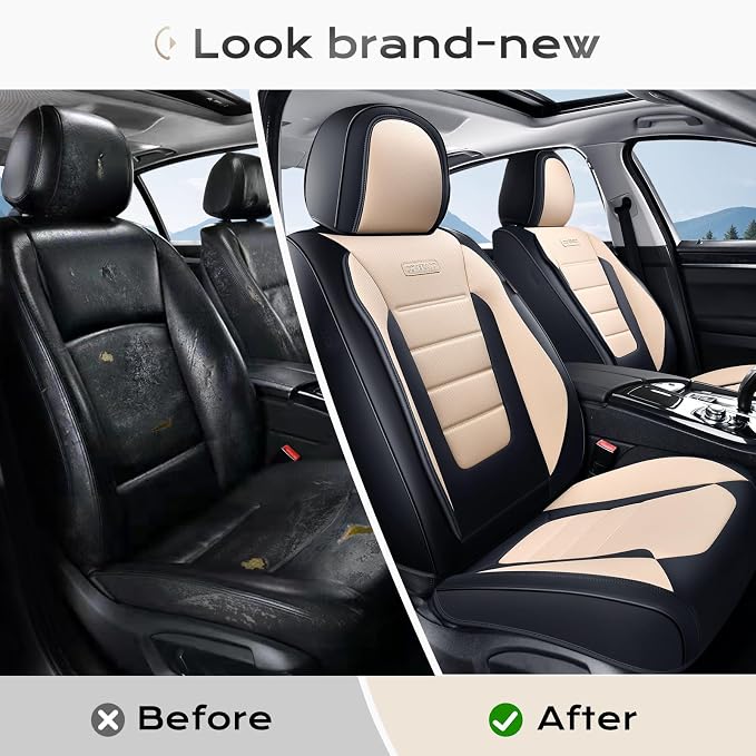 Coverado Car Seat Covers Front, Seat Covers for Cars, Waterproof 2-Pack Car Seat Cushions, Leather Carseat Seat Protectors, Universal Seat Covers Fit for Most Sedans SUV Pick-up Trucks(Black&Beige) - Image 8
