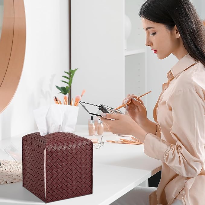 Tissue Box Cover Square Leather Facial Paper Holder, Dark red | PU Leather,Easy to Fill, Easy Clean, Decorative Cube Tissue Box Holder for Office, Bathroom,Kitchen, Living room, Guest room - Image 3