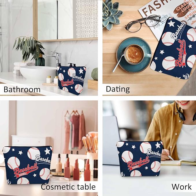 Baseball Makeup Organizer Bag Cosmetic Bag For Men Women, Sports Ball Softball Baseball Blue Travel Toiletry Bag Flax Makeup Bags Purse Business Makeup Pouch For Toiletries Cosmetics - Image 6