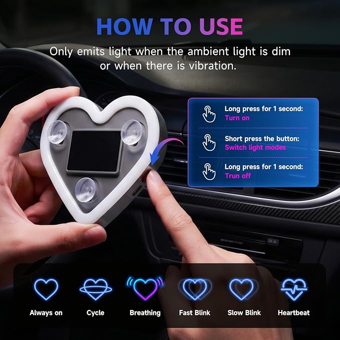 DICIMITH Solar Power Heart Light for Car, 1PCS | LED Wireless Ambient Lamp, 6 Modes, Interior Light for Window, Decor for Women Men - Image 7