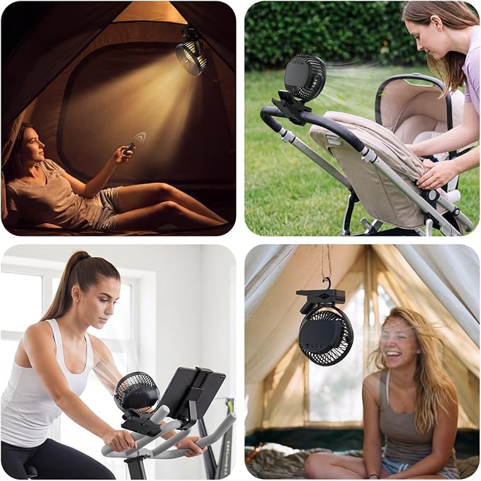 Portable Clip on Fan 65 Working Hours, Camping Fans with LED Lights & Hook, 12000 Capacity Battery Operated Fan with Clamp, USB Rechargeable for Desk, Tent, Treadmill, Stroller, Golf Cart, Home - Image 7