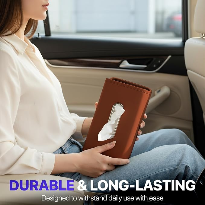 Lucrum Extra Large Car Tissue Holder - PU Leather Tissue Box Cover | Fits Regular Size Napkins Box - PU Leather Car Tissue Holder for Seat Back, Sun Visor & Console - Chestnut Brown - Image 6
