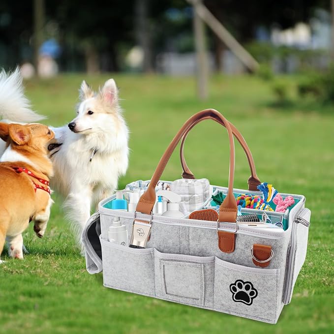 Felt Dog Grooming Bag,Portable Tote Bag for Dogs Cats,Dog Storage Organizer for Grooming Tool Kit,3 Compartments Pet Stuff Oganizers with 8 Pockets-Grey - Image 7