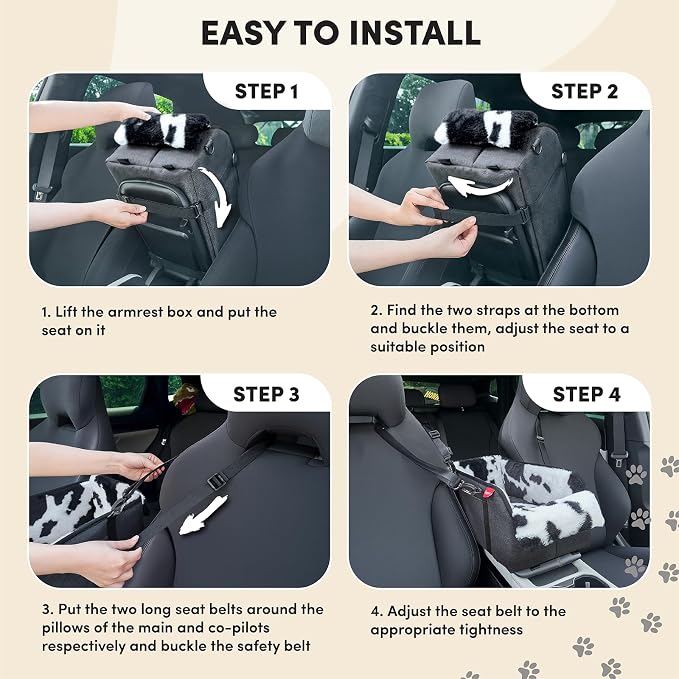 BurgeonNest Center Console Dog Car Seat for Small Pets to 11lbs, Milk Cow | Anti-collapse armrest Console seat with washable fluffy cushion, pillow & tether for stable, cozy pet travel trips. - Image 8