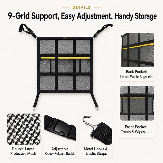 Dog Car Barrier for SUV, Truck & Sedan, Safer Driving | Double-Layer Car Divider for Dogs with Mesh Organizer, Car net for dogs, Breathable & Easy to Install - Image 8