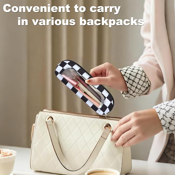 DOB SECHS Small Clear Makeup Bag for Purse Mini Checkered Brush Pouch for Travel Nylon Travel Cosmetic Organizer Pouches Holder Pencil Bag with Zipper Double Sided Clear Make-up Bags - Image 8