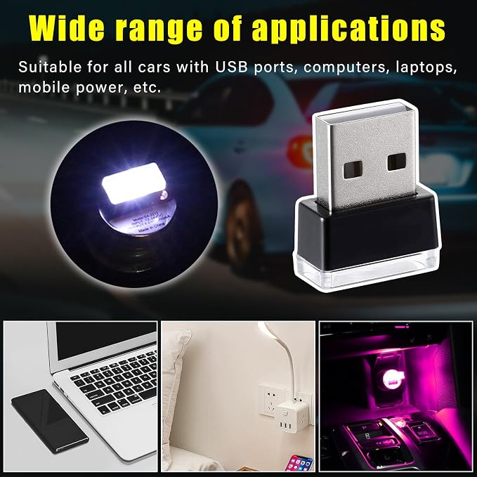Augeny 4 PCS USB LED Car Interior Atmosphere Lamp, Plug-in USB Decor Night Light, Portable Auto Ambient Lighting Kit, Universal Vehicle Interior Accessories for Most Cars (White & Purple) - Image 6