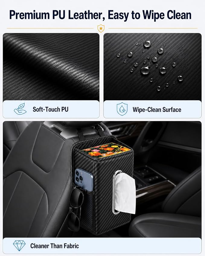 COZILO Leather Car Tissue Holder for Front & Back Seats, Car Tissue Box with 2 Side Mesh Pockets, Wide Metal Opening for Easy Pull, Fits 100–160 Count Rectangular Tissue Boxes, Carbon Fiber - Image 8