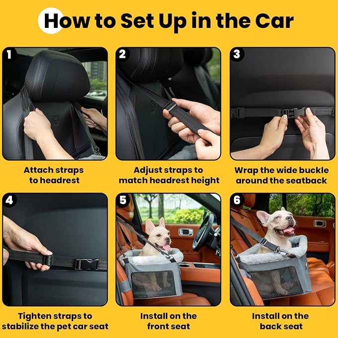 Conlun Dog Car Seat Booster | Steel Frame Anti-Collapse | Small Pet | Grey | Heavy-duty Oxford | Rigid Skeleton Stops Wobbling | Leash Prevents Escapes | Elevated Pet Booster for Calm Car Trips - Image 9